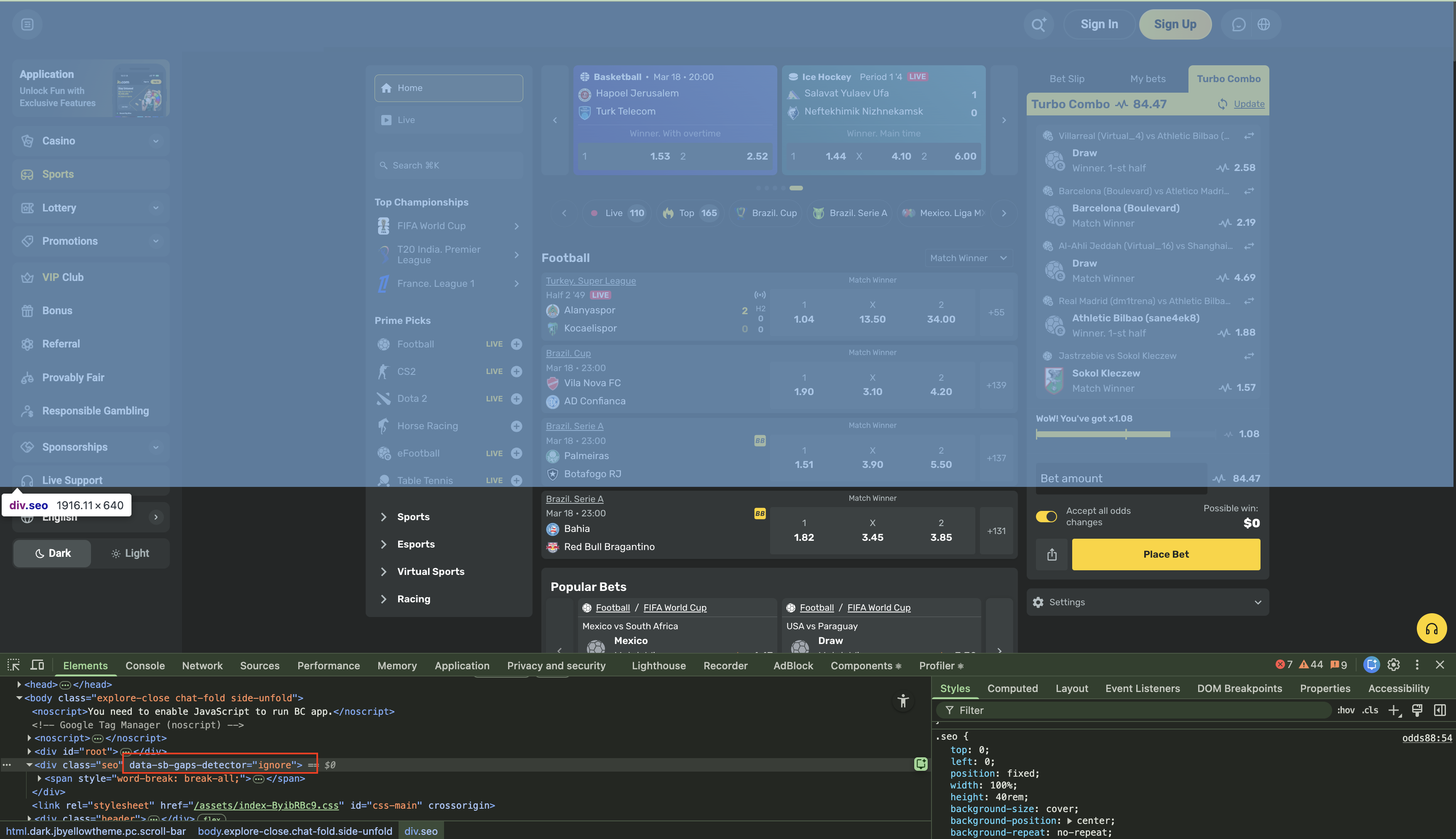 Layout after adding the ignore data attribute