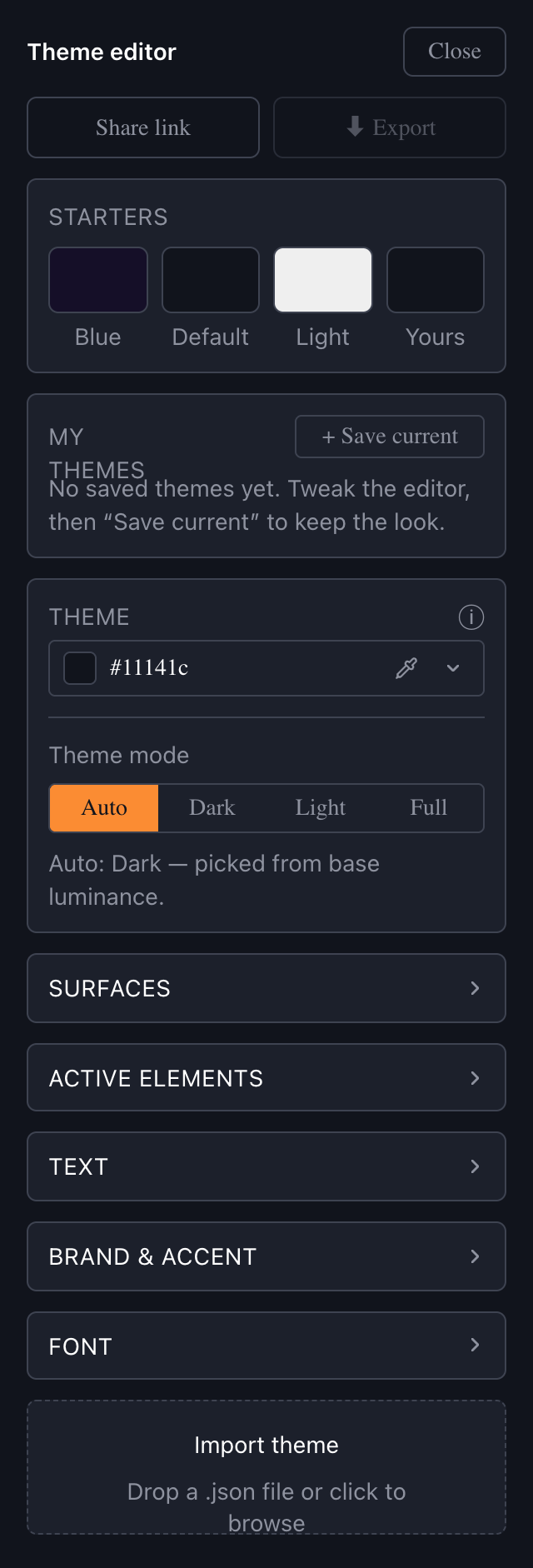 Theme Editor — Starters and panel overview