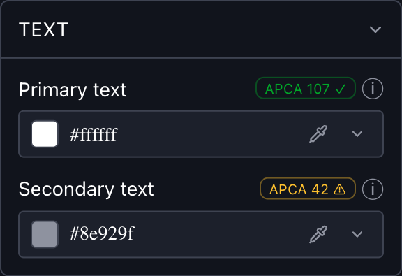 Theme Editor — Text colors with contrast badges